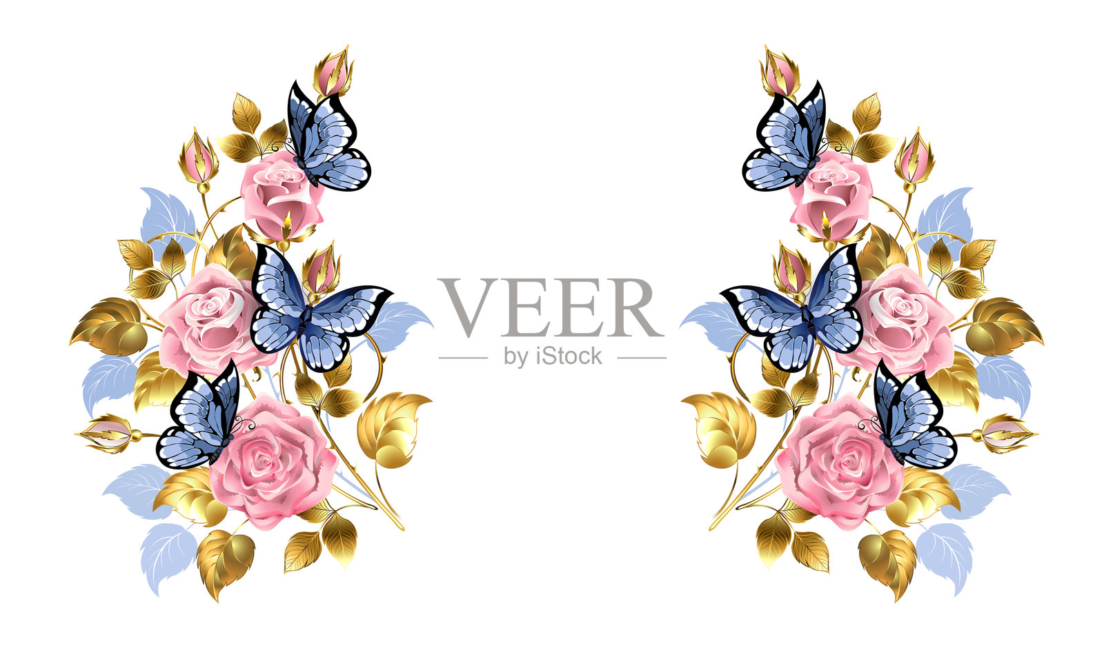 对称的框架，装饰着粉色玫瑰和蝴蝶插画图片素材