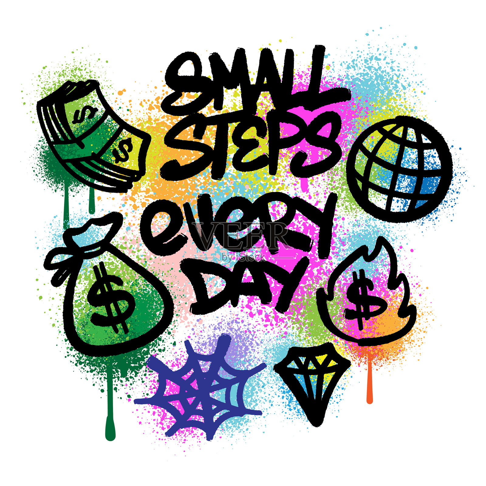 每天小步前进的涂鸦激励文字和符号，配有多彩的喷漆纹理，适合T恤设计插画图片素材