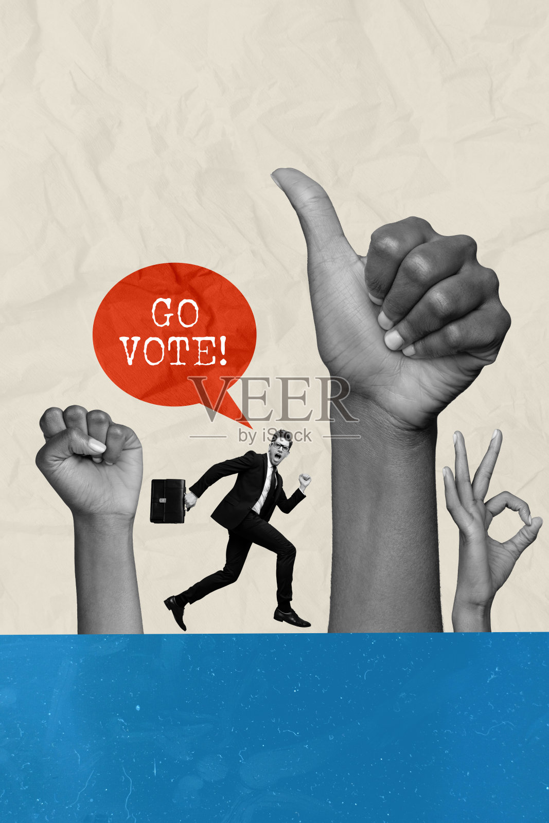 复古拼贴横幅，责任感强的帅气男士在绘画背景中投票照片摄影图片