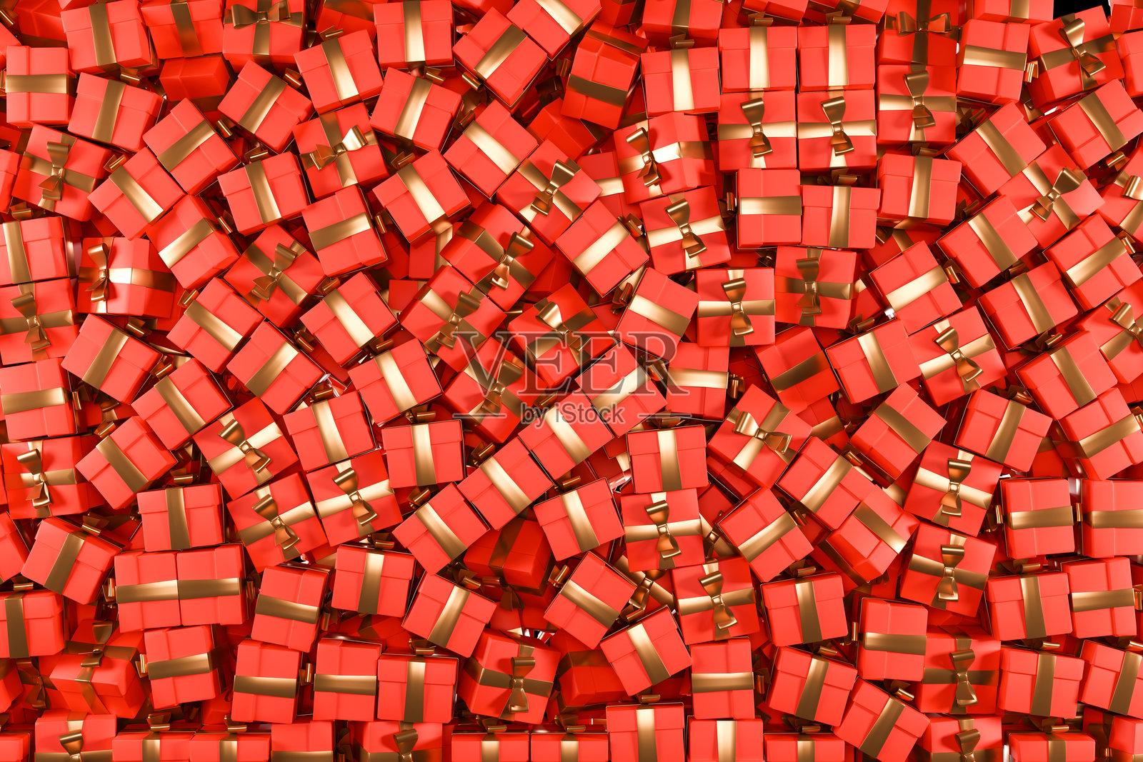 许多红色礼品盒配有金色丝带蝴蝶结。简单的背景，极简包装，适用于婚礼、生日、圣诞节活动，单色广告活动，简约奢华优雅的盒子设计。照片摄影图片