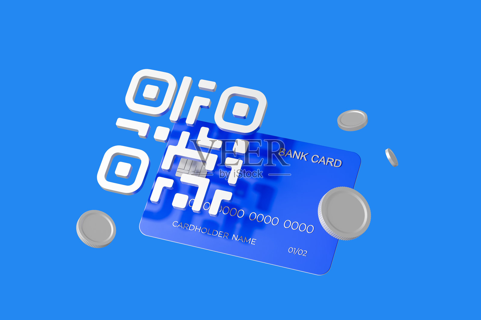 在蓝色背景上，浮动的二维码与银行卡和硬币的3D渲染，代表数字支付和资金转移。3D渲染照片摄影图片