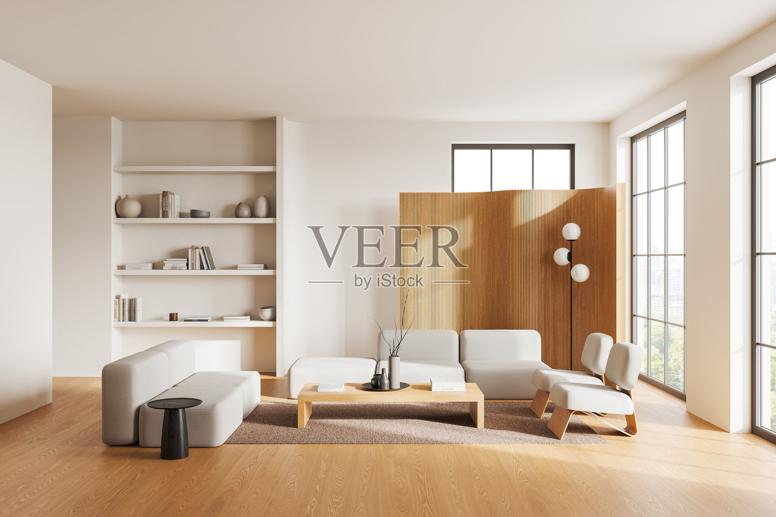 极简风格的客厅，配有浅色家具和木质装饰。3D渲染图照片摄影图片
