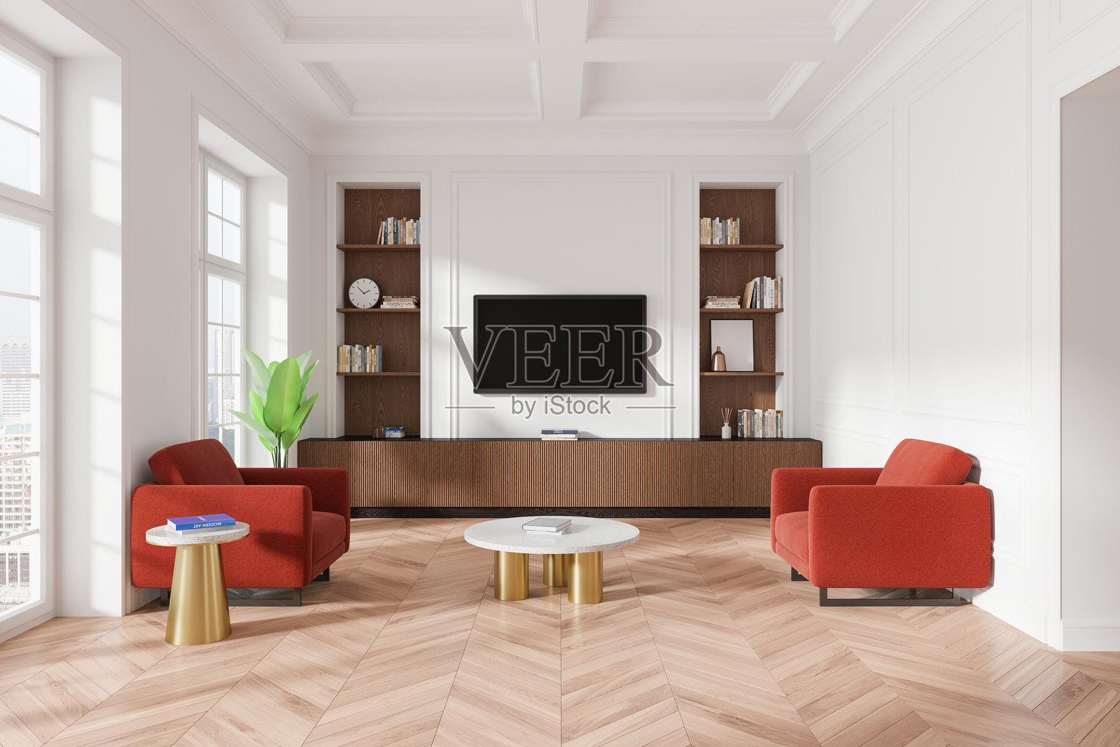 现代客厅，配有红色扶手椅和电视柜。3D渲染图照片摄影图片