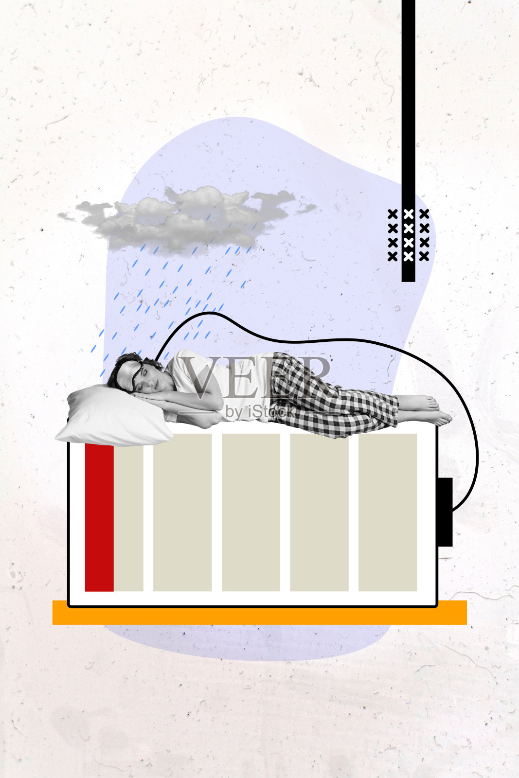 年轻女孩在巨大的床上小憩，恢复因过度劳累而感到疲惫的精力，创意竖版拼贴海报。照片摄影图片