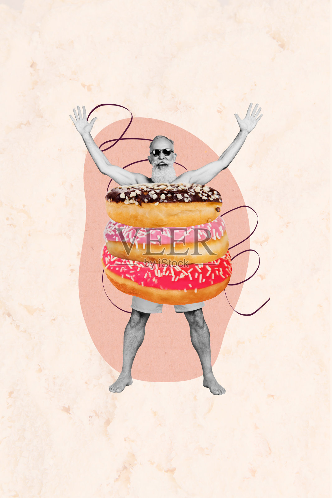 垂直拼贴创意海报，黑白滤镜，快乐兴奋的老年男子，夏季假期周末，甜甜圈，救生圈，素描照片摄影图片