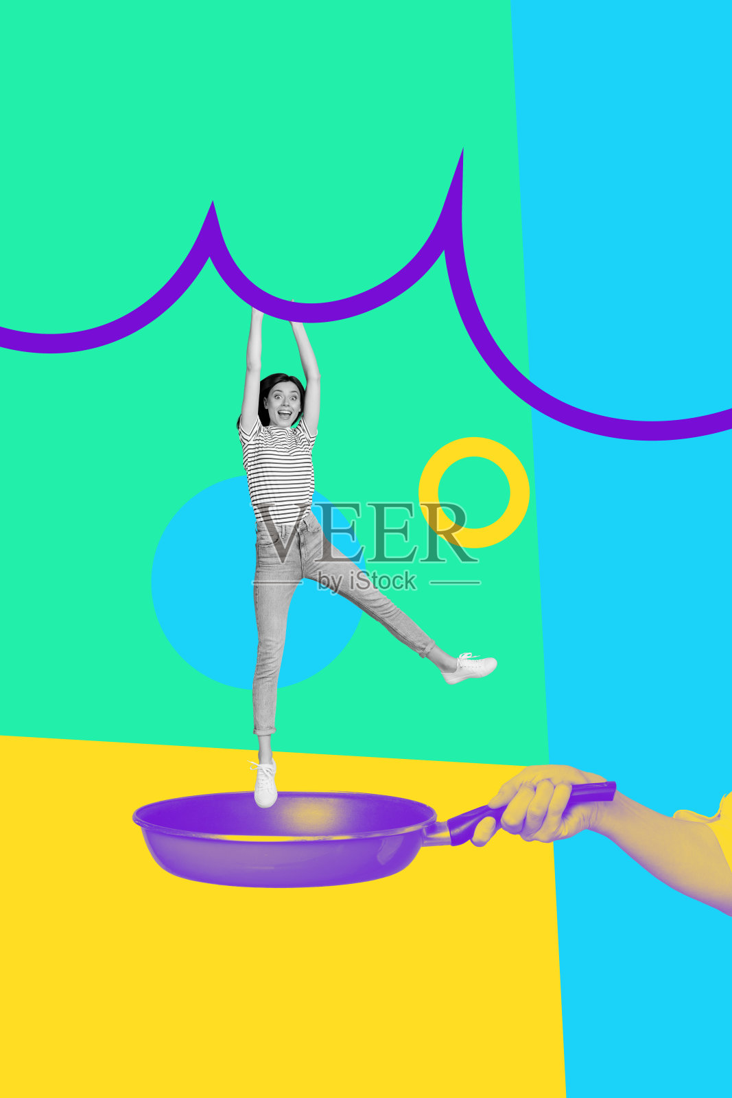 艺术拼贴画，展示一个时髦女孩悬挂在绳子上，正掉落在热油锅上，背景为多彩的手绘图案。照片摄影图片