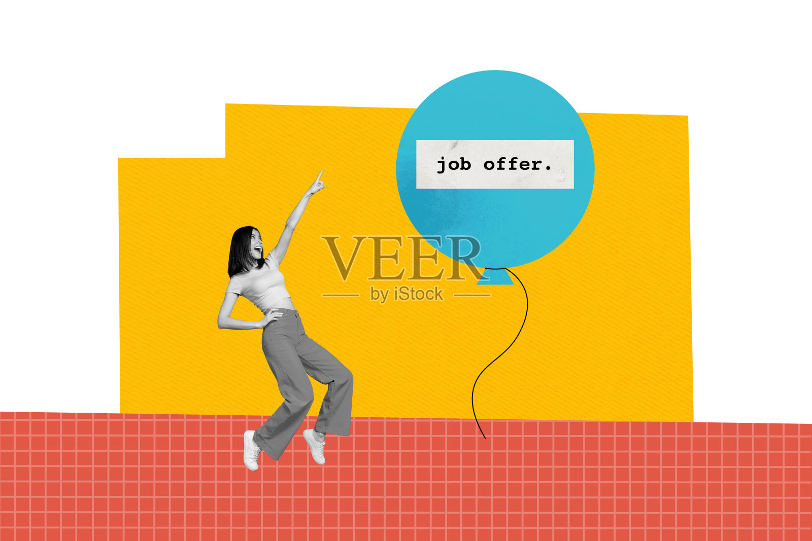 海报拼贴艺术作品，疯狂快乐的女孩推荐办公室职位空缺，背景为涂鸦风格。照片摄影图片