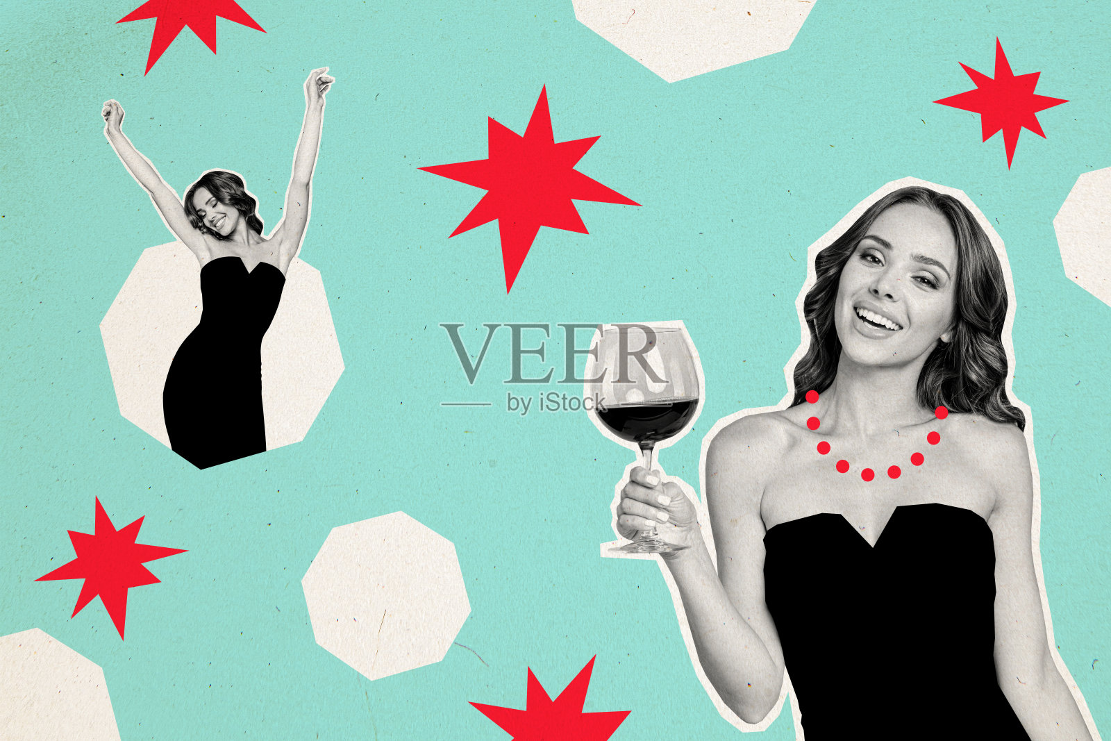 年轻快乐的美女穿着裙子在派对上尽情舞蹈，手中举着一杯葡萄酒，庆祝节日。照片摄影图片