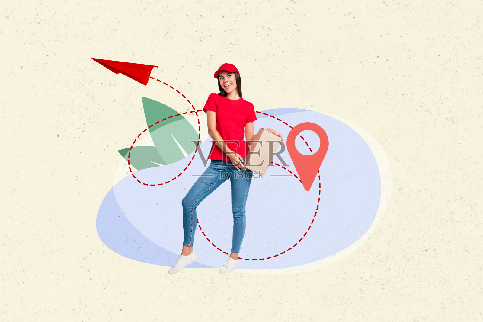 照片拼贴，年轻女孩，快递服务，货物运输，纸箱，搬迁，纸飞机绘画背景照片摄影图片