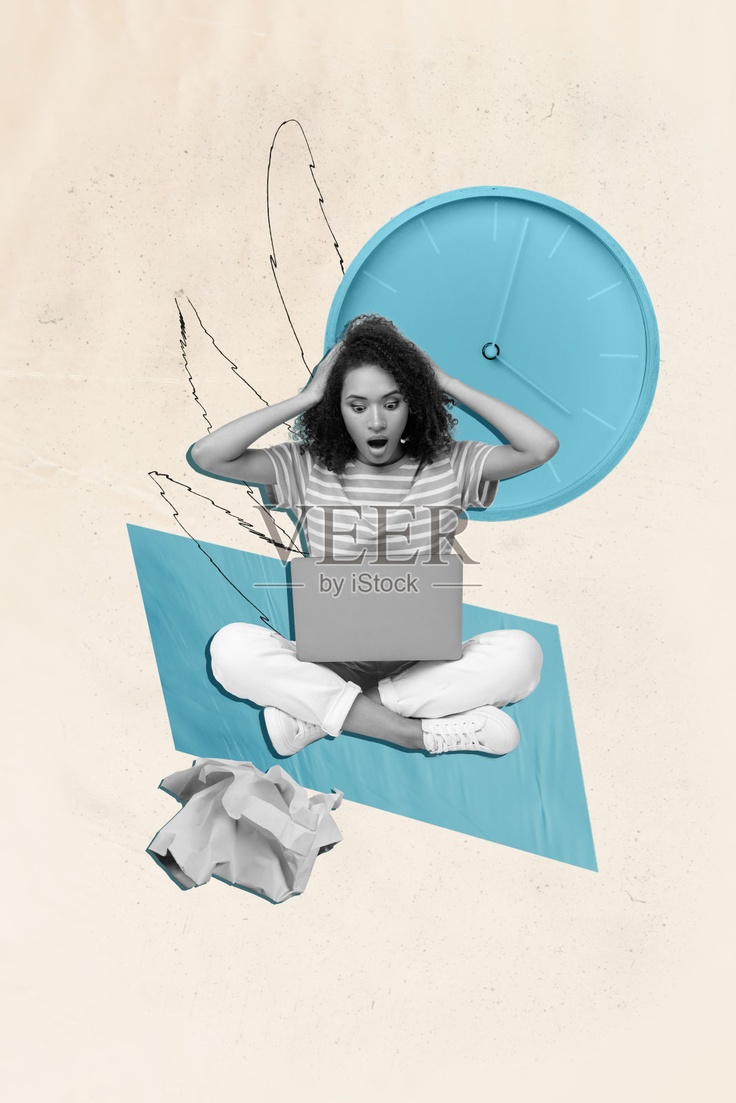 杂志图片素描拼贴，展示一位紧张而印象深刻的女士在工作截止日期前，背景为米色。照片摄影图片