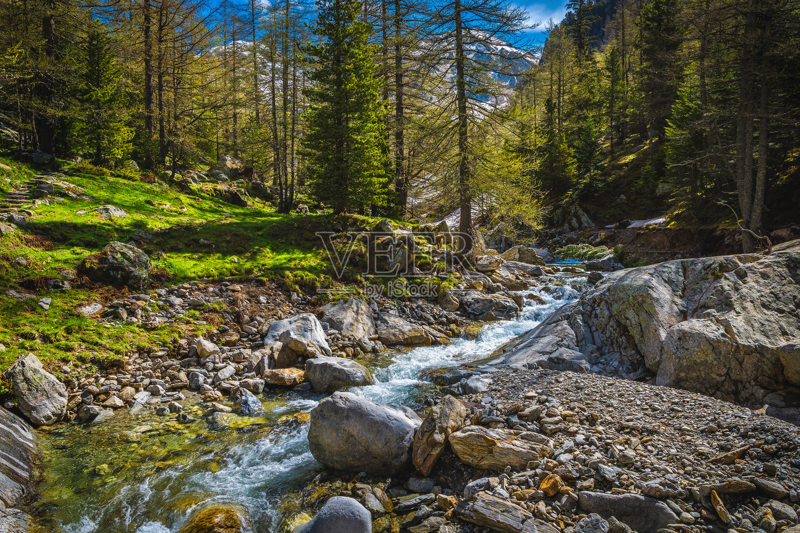 法国阿尔卑斯-海岸的梅尔坎图尔国家公园内清澈的山溪照片摄影图片