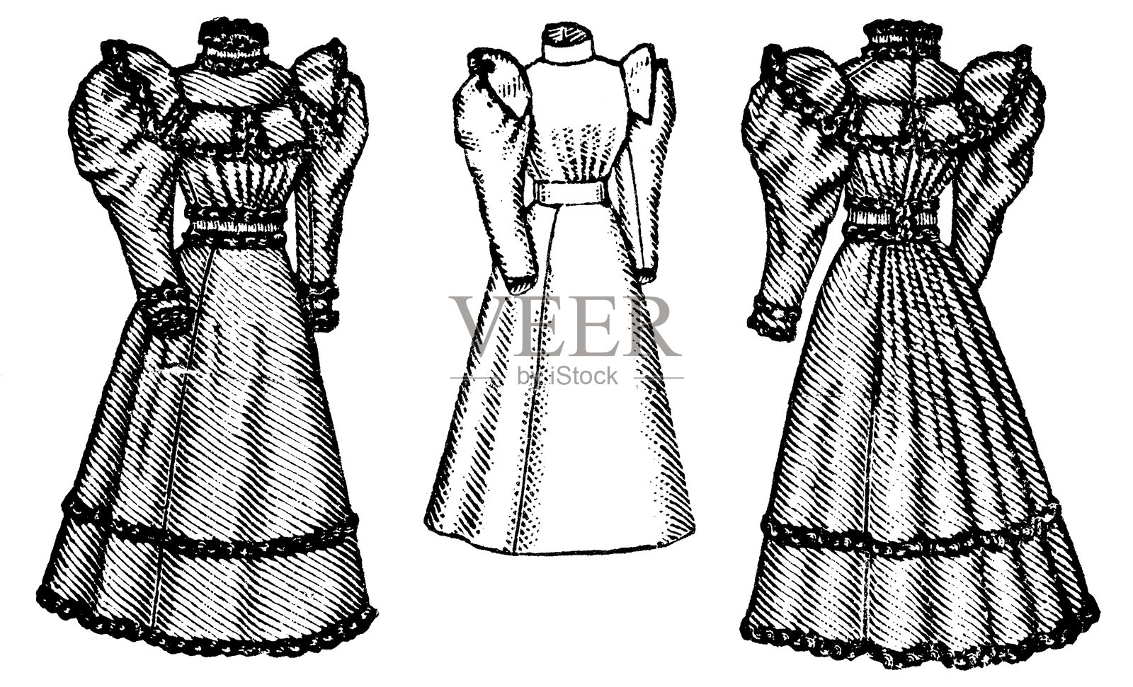 1890年代维多利亚时尚，少女日常裙装，带斗篷领，腿型袖，蕾丝装饰（正面和背面） - 19世纪插画图片素材