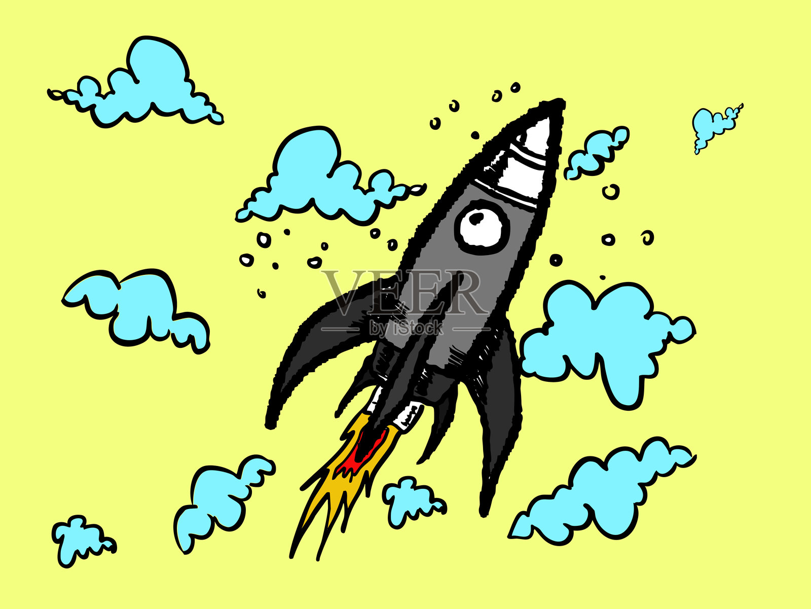 火箭飞行并留下火焰轨迹，手绘插图插画图片素材