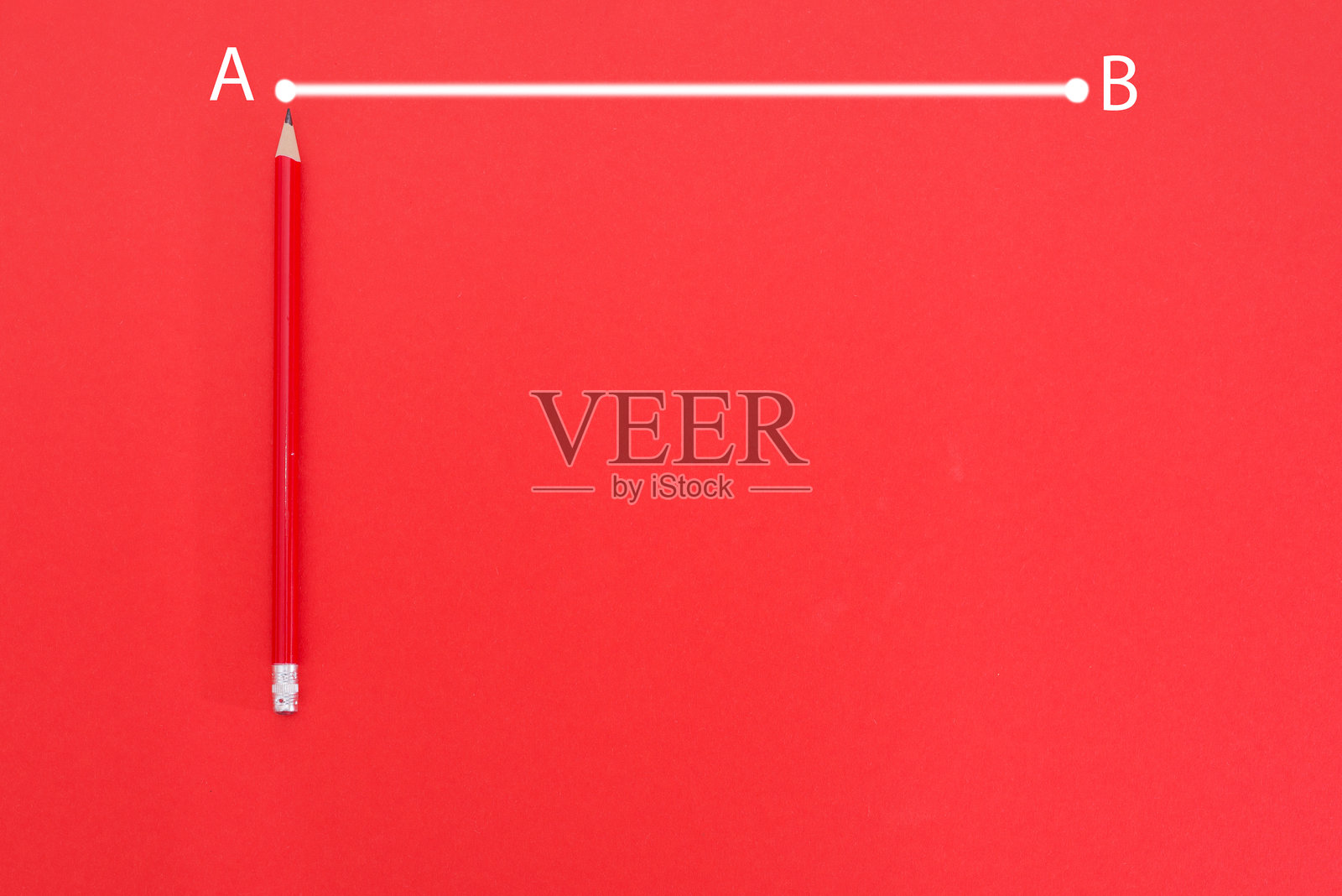 从点A到点B的白色线条在红色背景上用红色铅笔绘制，并留有空白空间。照片摄影图片
