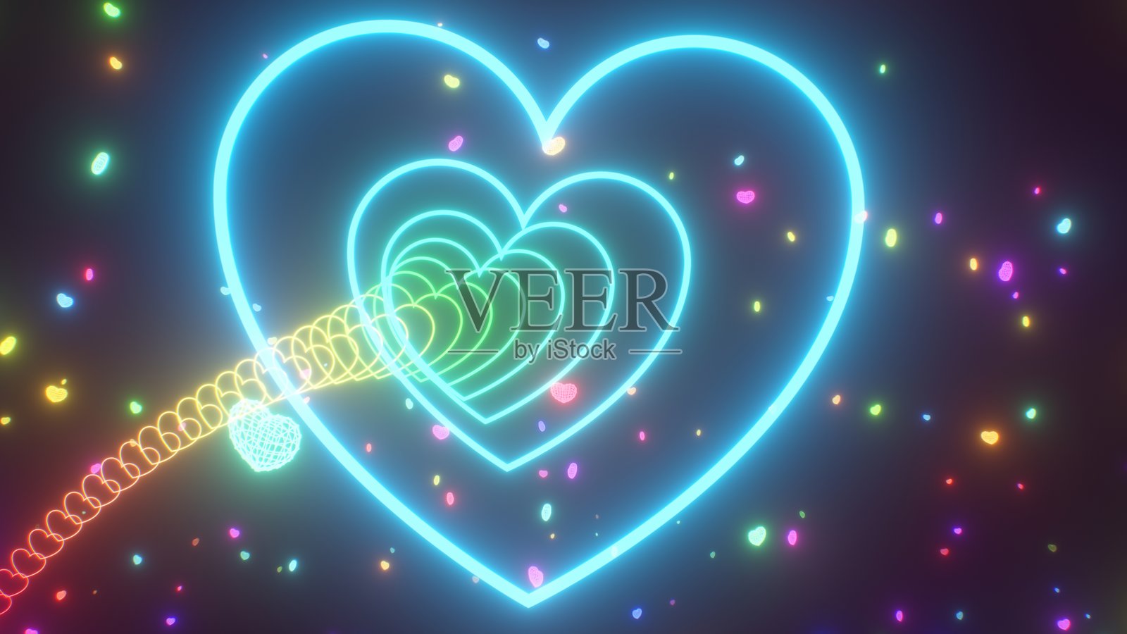 五彩斑斓的霓虹爱之隧道与移动的线框心形 - 抽象背景纹理照片摄影图片