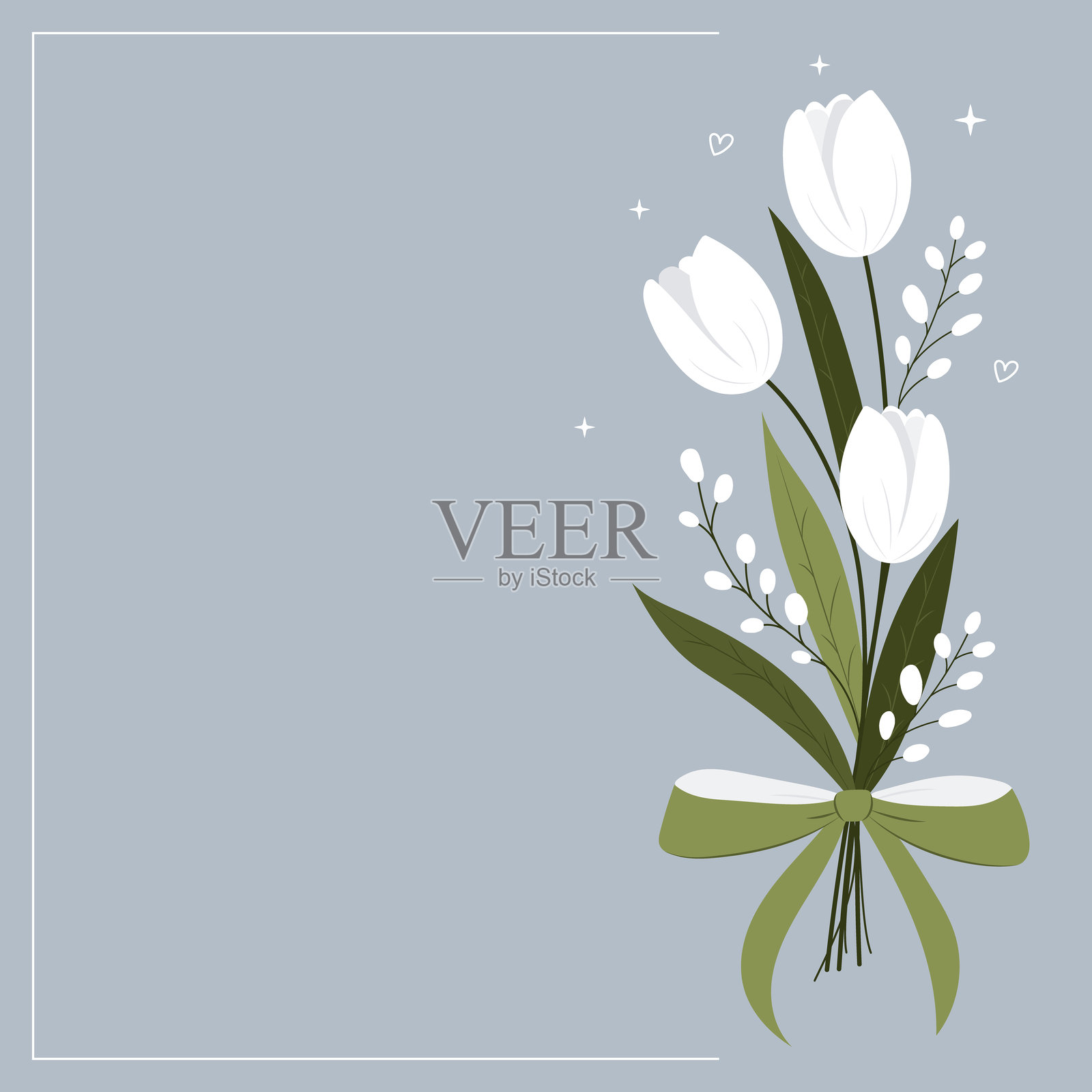 白色郁金香花束，系着绿色丝带，背景为淡蓝色。矢量插图。极简花卉设计，适合春季主题的贺卡和项目。插画图片素材