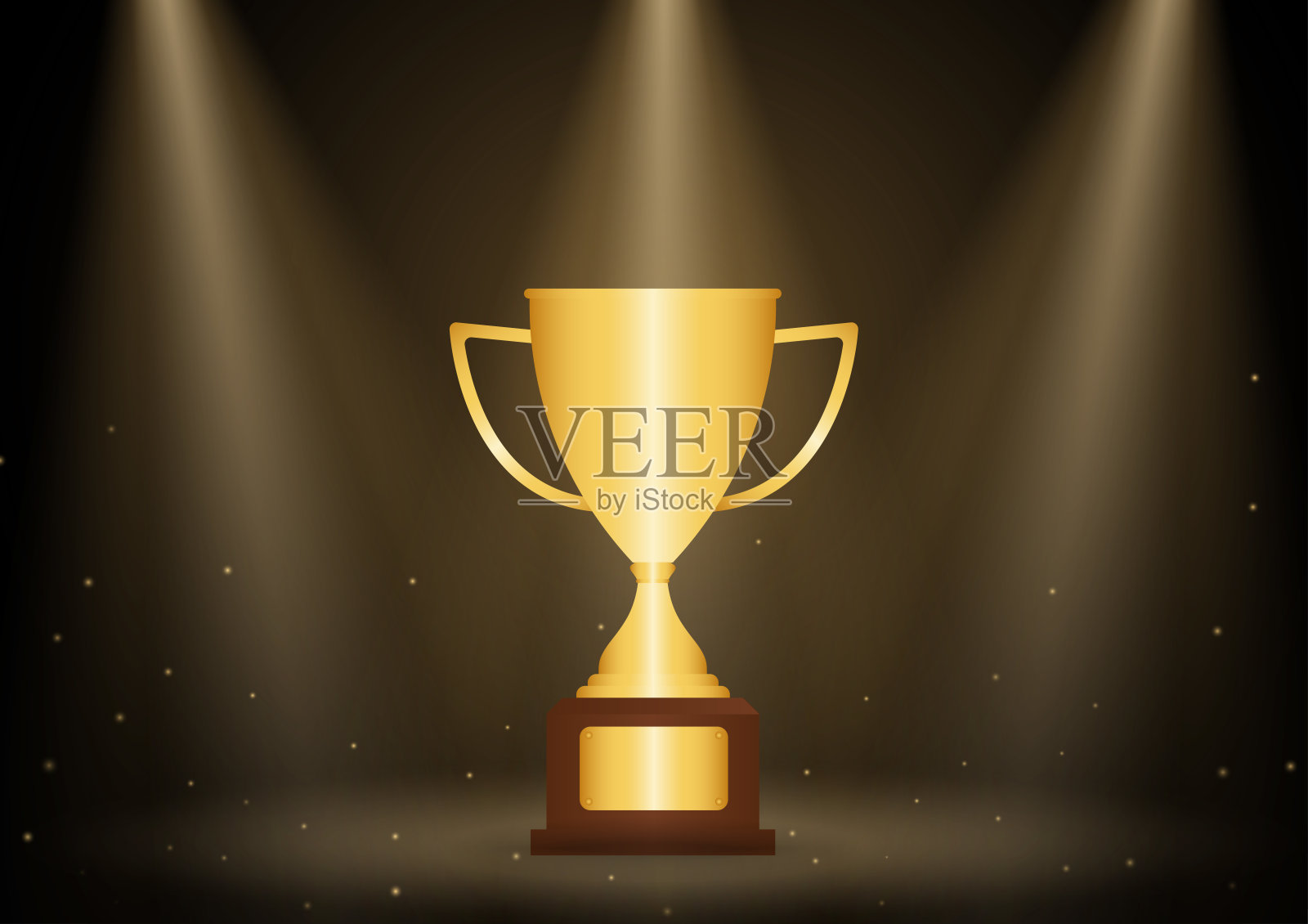金色奖杯。舞台上的获胜奖杯，受到聚光灯照明。冠军和胜利的概念。插画图片素材