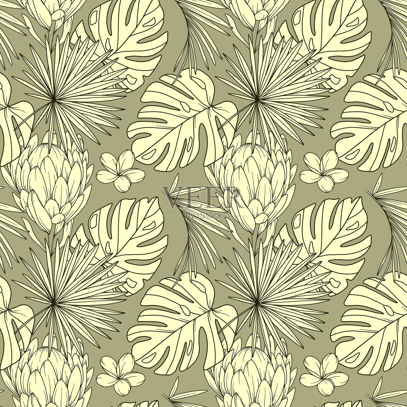 热带植物背景。热带无缝图案时尚图形。热带花卉和叶子线条艺术。热带花卉无缝图案插画图片素材