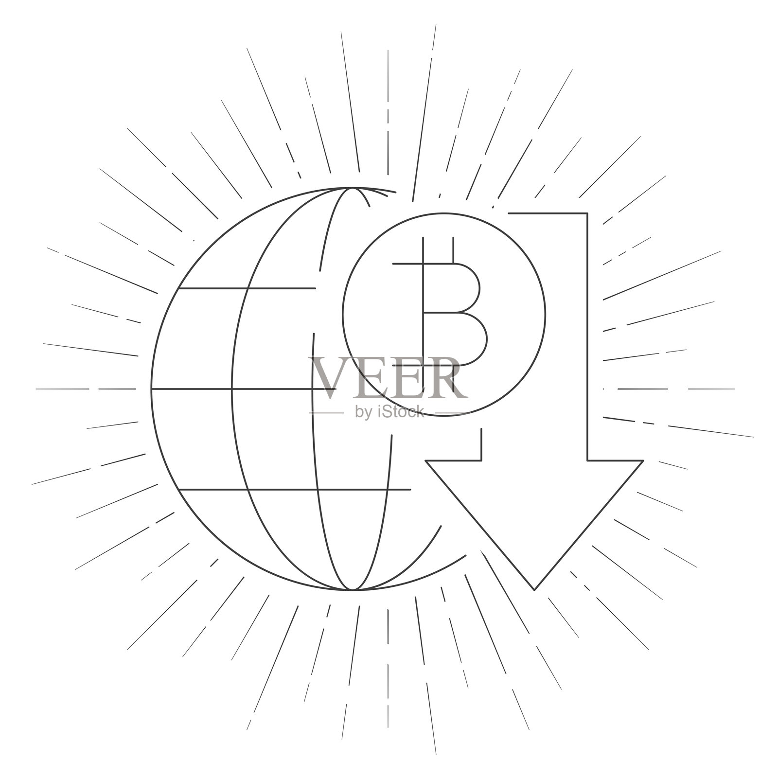 比特币汇率下降。白色背景上的线条图标与光芒四射。插画图片素材