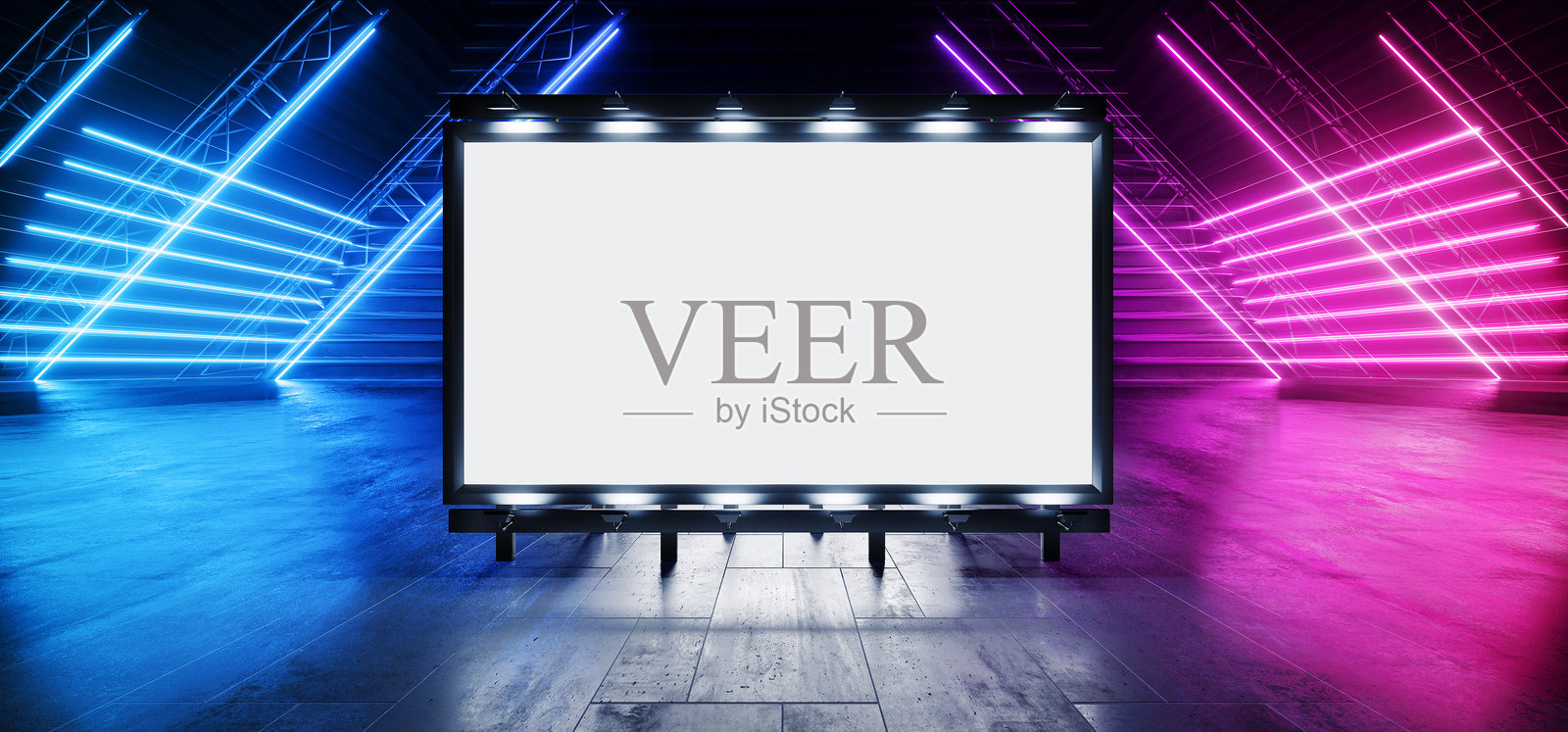 霓虹科幻广告牌现代网络室内车库粗犷机库展示产品宣传大型白色飞机外星飞船未来主义逼真沥青水泥混凝土隧道仓库3D渲染照片摄影图片