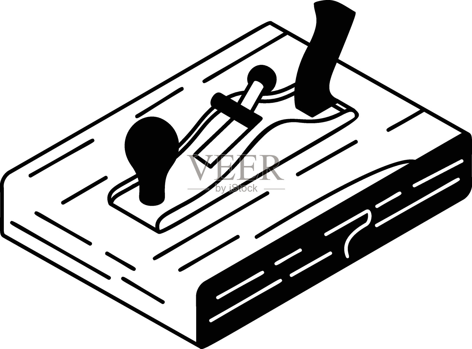 木板手动修剪工具等距概念，木工刨床滑动刀片矢量轮廓设计，柴火或工艺品符号，森林砍伐产品标志，木材场插图插画图片素材