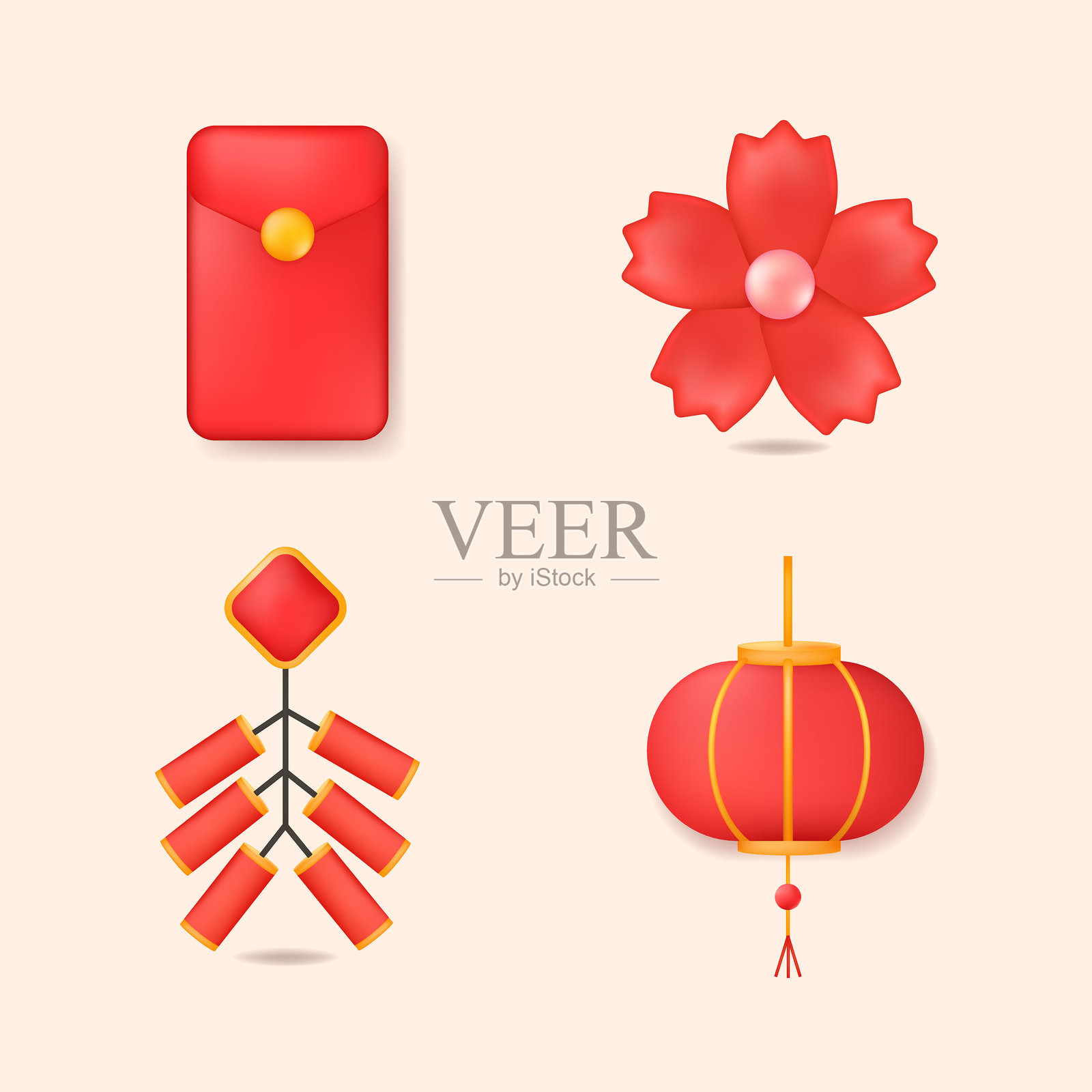 适合春节的3D渐变网格矢量图标集，包含红包、樱花、鞭炮和灯笼。非常适合节日设计。插画图片素材