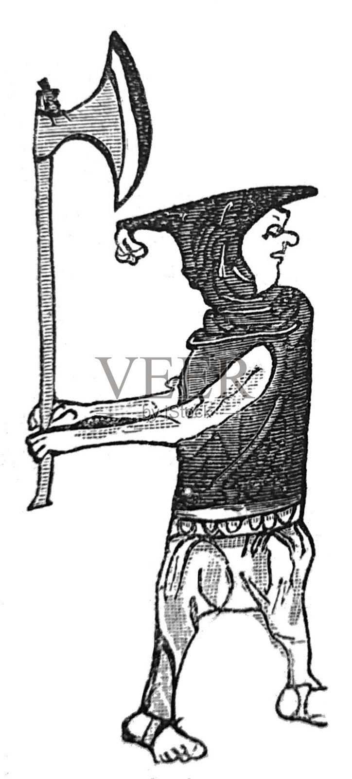 古老插图 - 1280年爱尔兰人的夸张画，手持大斧。插画图片素材