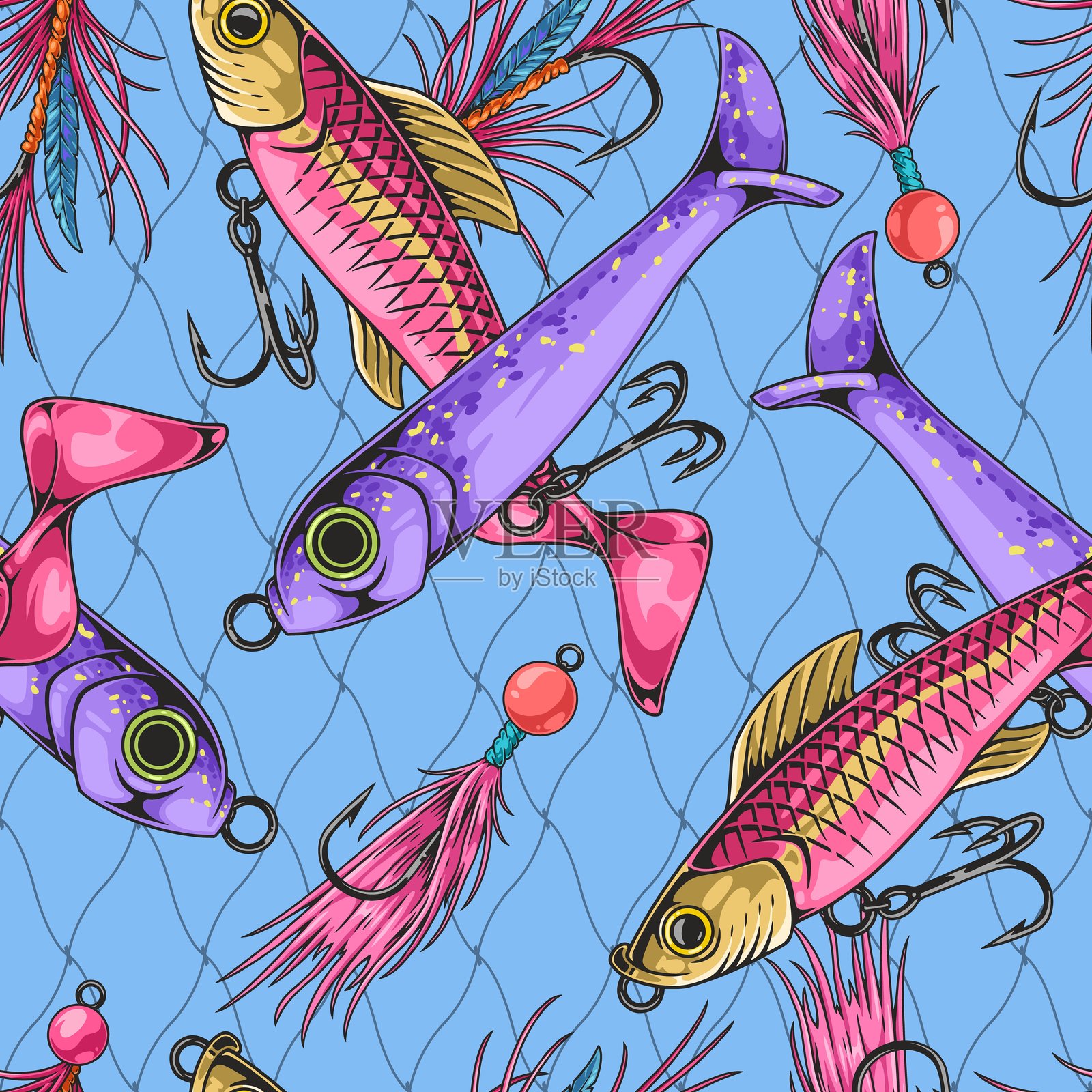 色彩斑斓的钓鱼饵和鱼类图案设计插画图片素材
