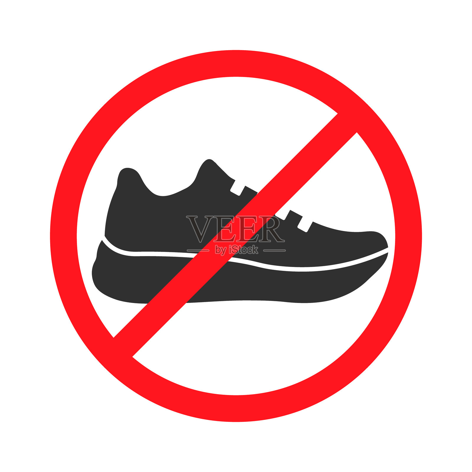 禁止穿鞋图标符号。禁止鞋子，脱鞋标志logo。禁止，禁止，禁止。矢量插图。白色背景上孤立。插画图片素材
