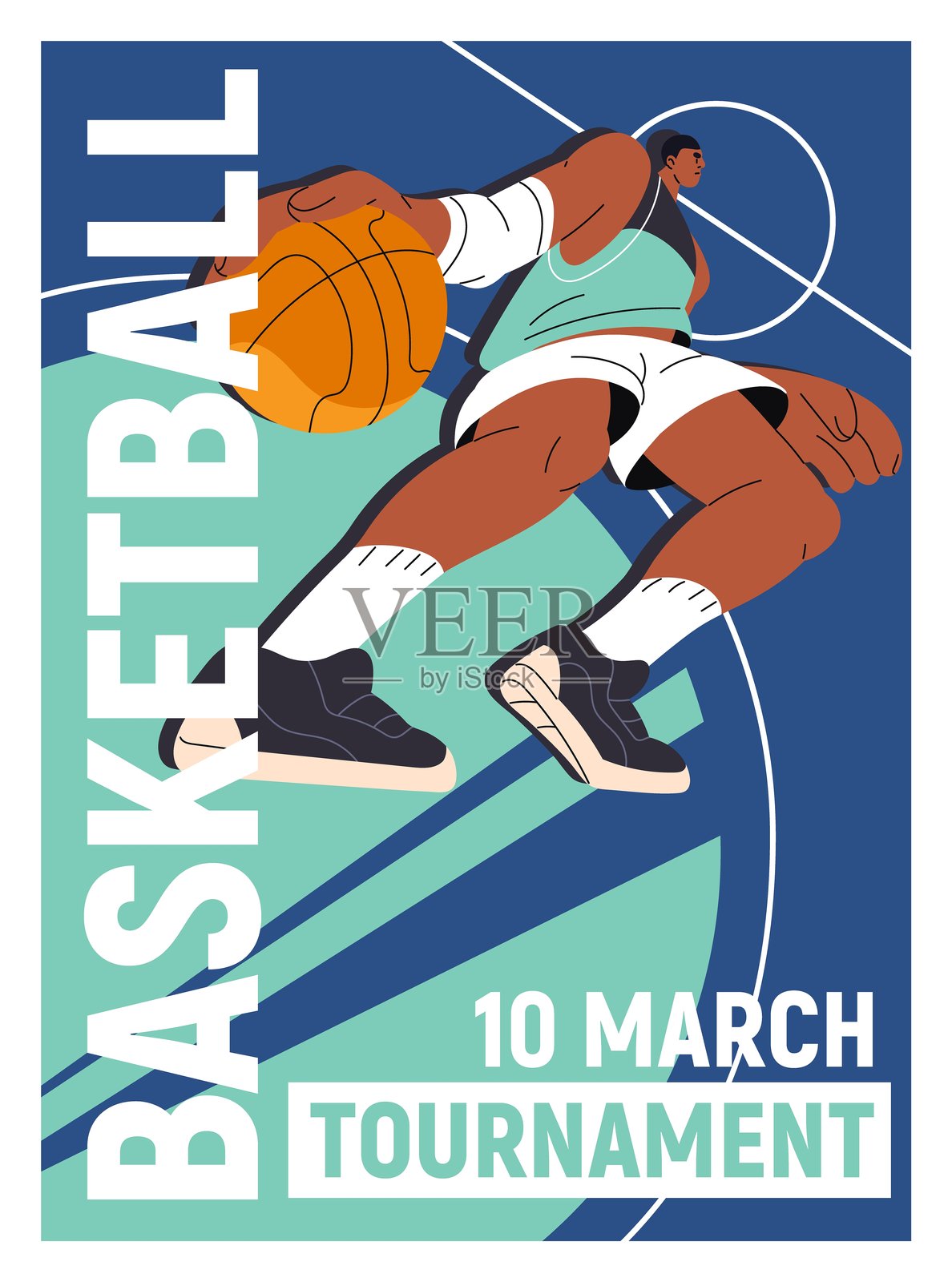篮球比赛活动海报设计。篮球比赛模板，比赛推广。体育锦标赛广告，冠军赛。穿着制服的运动员在比赛。扁平化矢量插图。插画图片素材