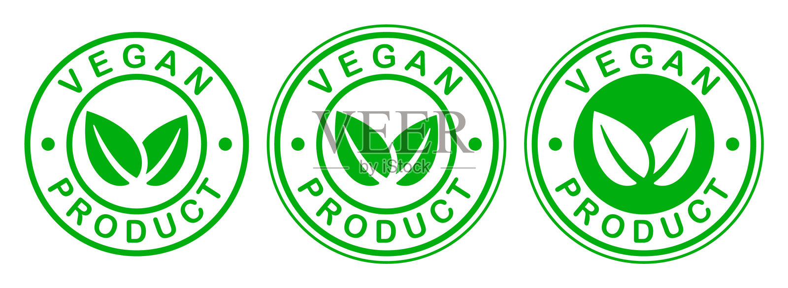 有机100%纯素产品设计模板图标符号。适合素食者的绿色叶子标志符号。矢量插图图标标志。白色背景上独立展示。插画图片素材