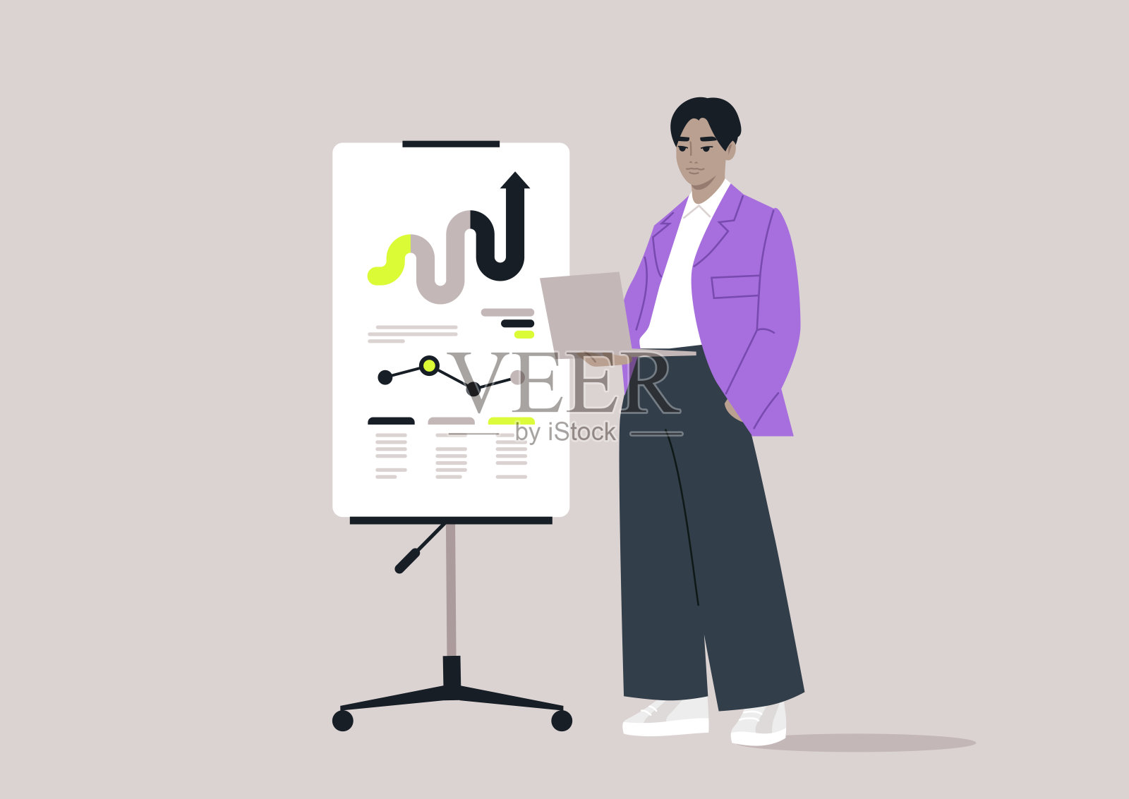一位专业人士站在展示数据趋势的翻转图旁，手持笔记本电脑，身处一个时尚的工作空间，氛围体现了创新与合作。插画图片素材