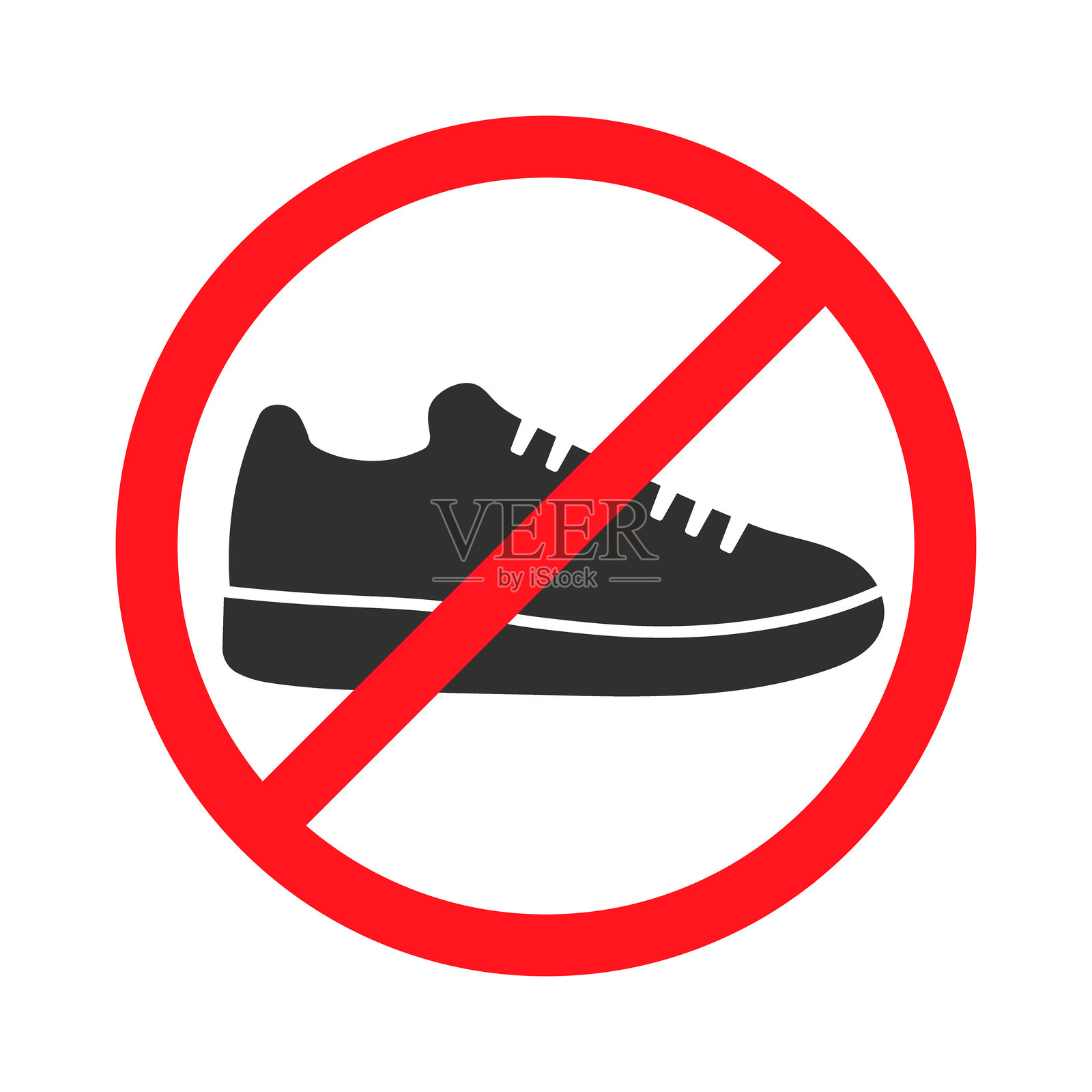 禁止穿鞋图标符号。禁止鞋子，脱鞋标志logo。禁止，禁止，禁止。矢量插图。白色背景上孤立。插画图片素材