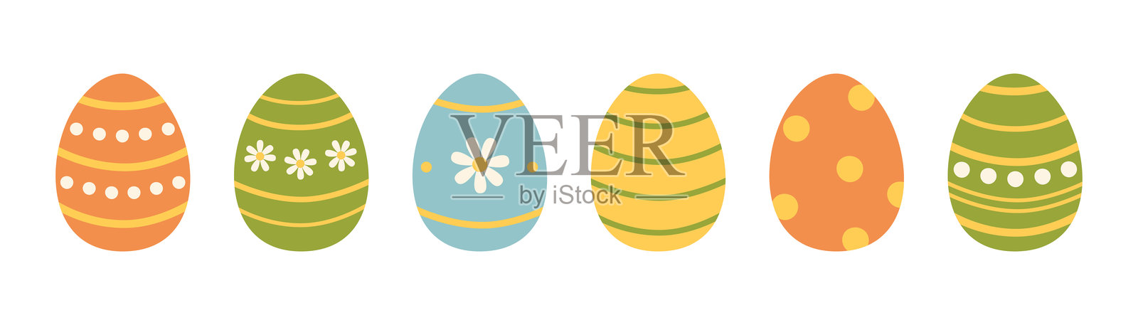 一组色彩缤纷的复活节彩蛋，颜色有黄色、绿色、蓝色和橙色。装饰有条纹、圆点和雏菊的彩蛋。春季节日。矢量平面插图，背景为白色。插画图片素材