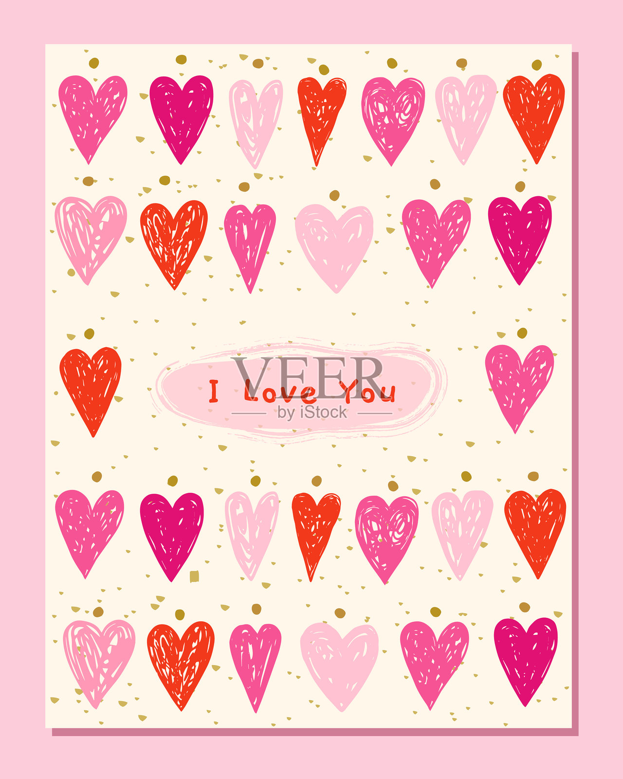 可爱的情人节矢量爱情贺卡，手绘粉色和红色涂鸦心形图案，配有金色圆点，适用于婚礼设计和促销横幅插画图片素材