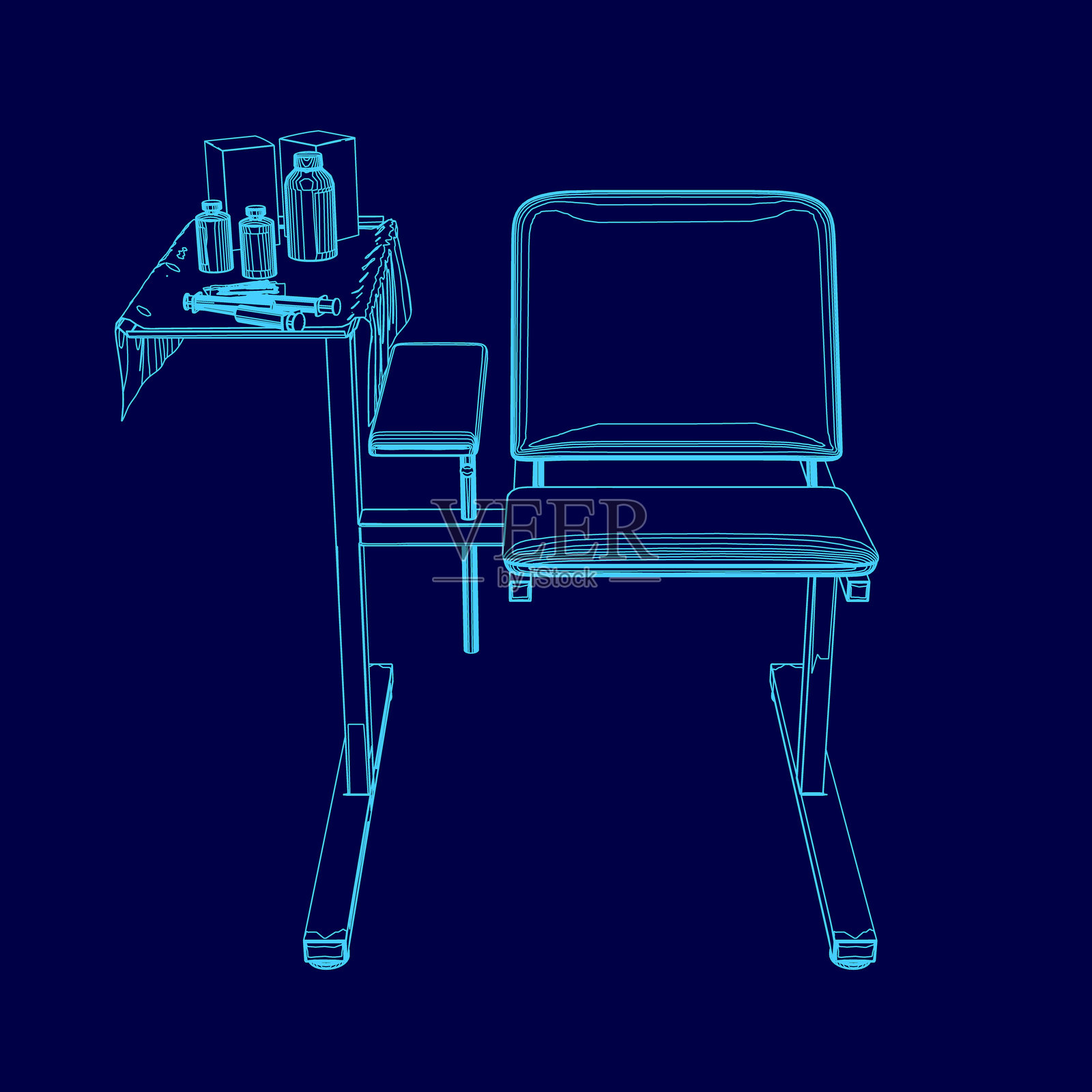 蓝色椅子下方有一张桌子。插画图片素材