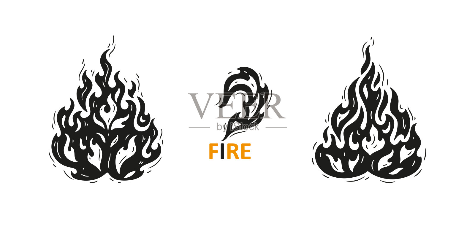 装饰性火焰的矢量图集。篝火。黑白手绘插图。插画图片素材
