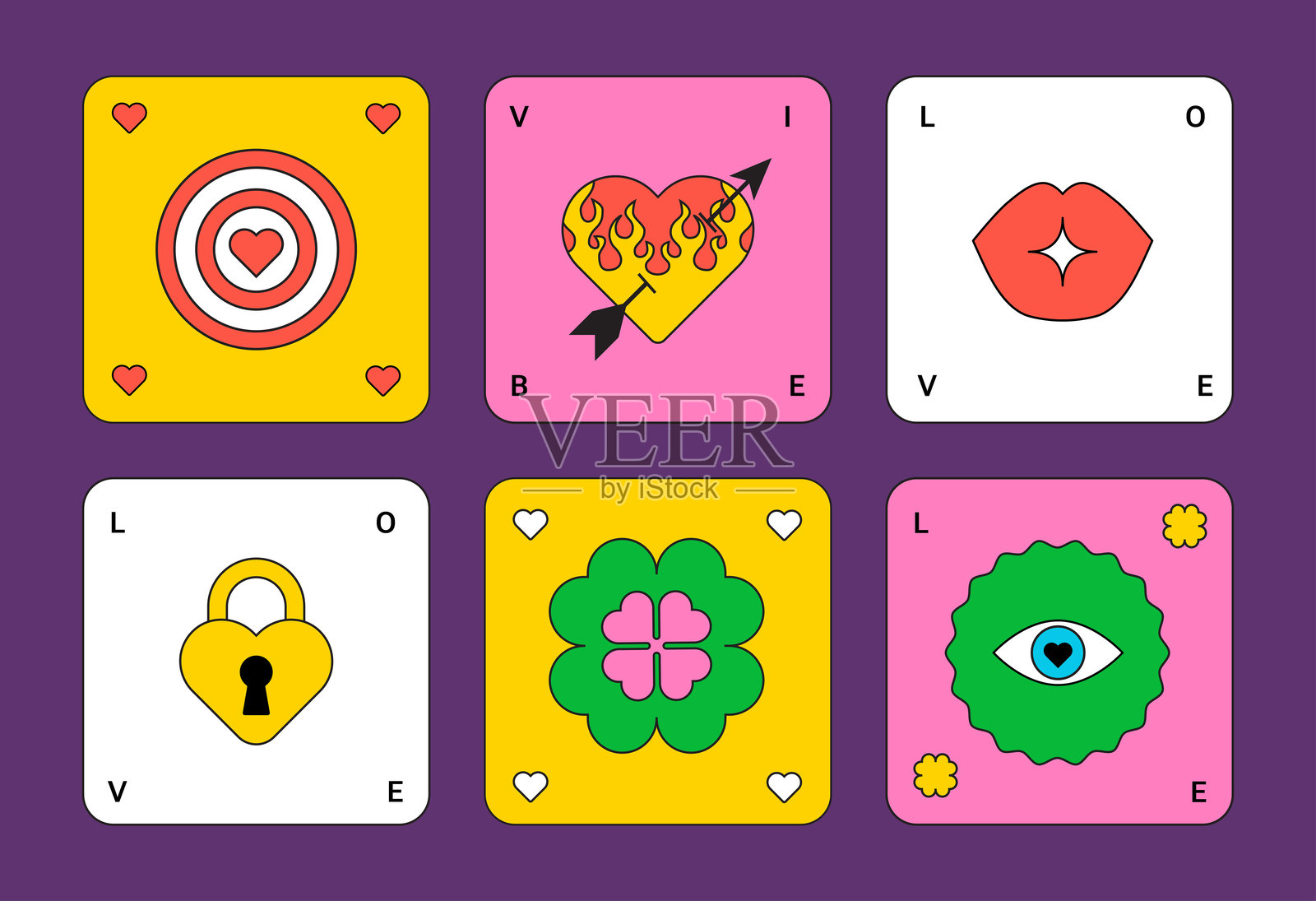 玩味复古Y2K方形贴纸。情人节。神秘的塔罗牌氛围。简单的形状，赌博美学。色彩丰富的心形卡片。极简风格，爱情氛围。设计生动的元素。插画图片素材