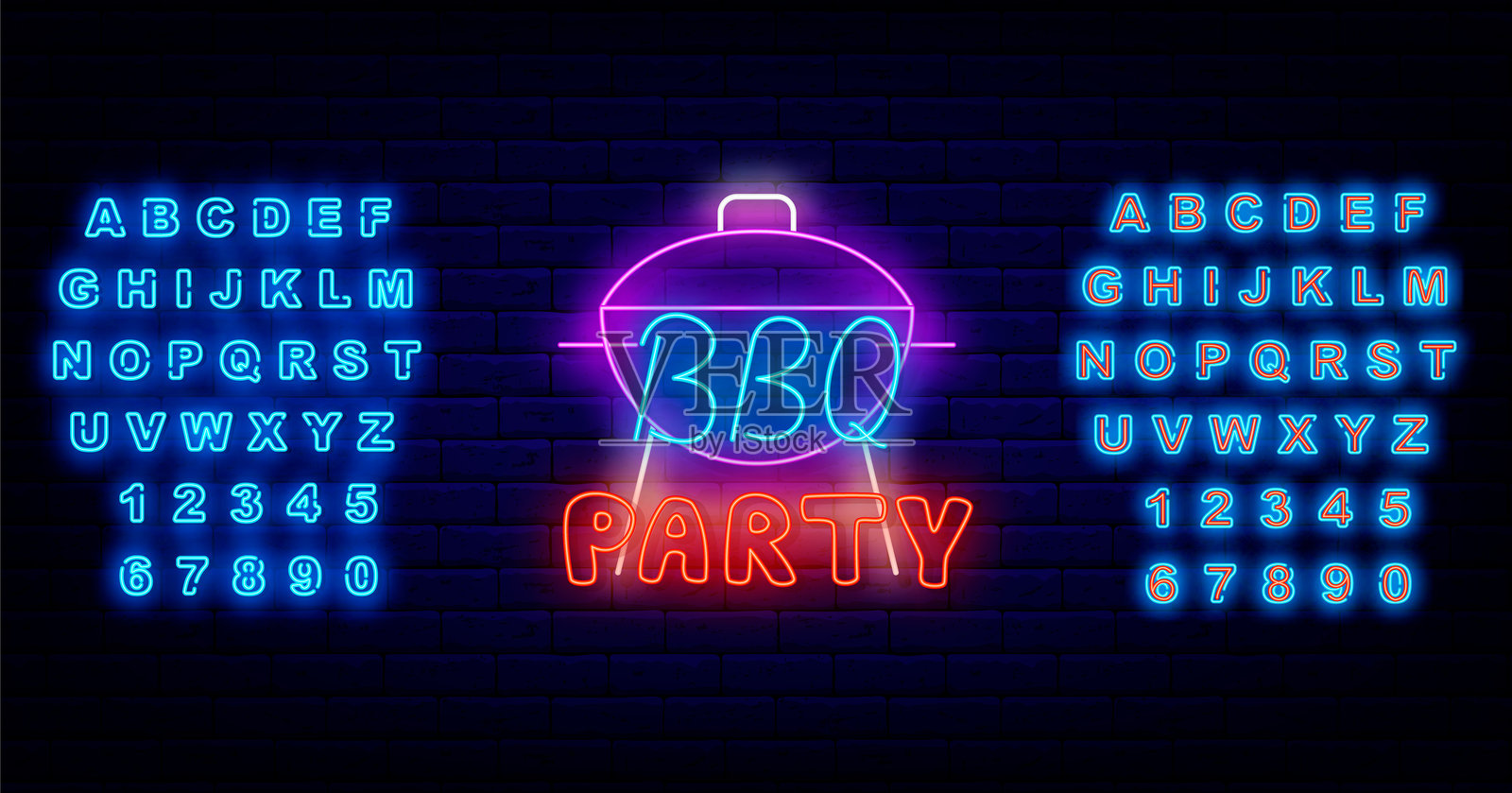 烧烤派对霓虹灯标志。烧烤活动邀请。矢量库存插图插画图片素材