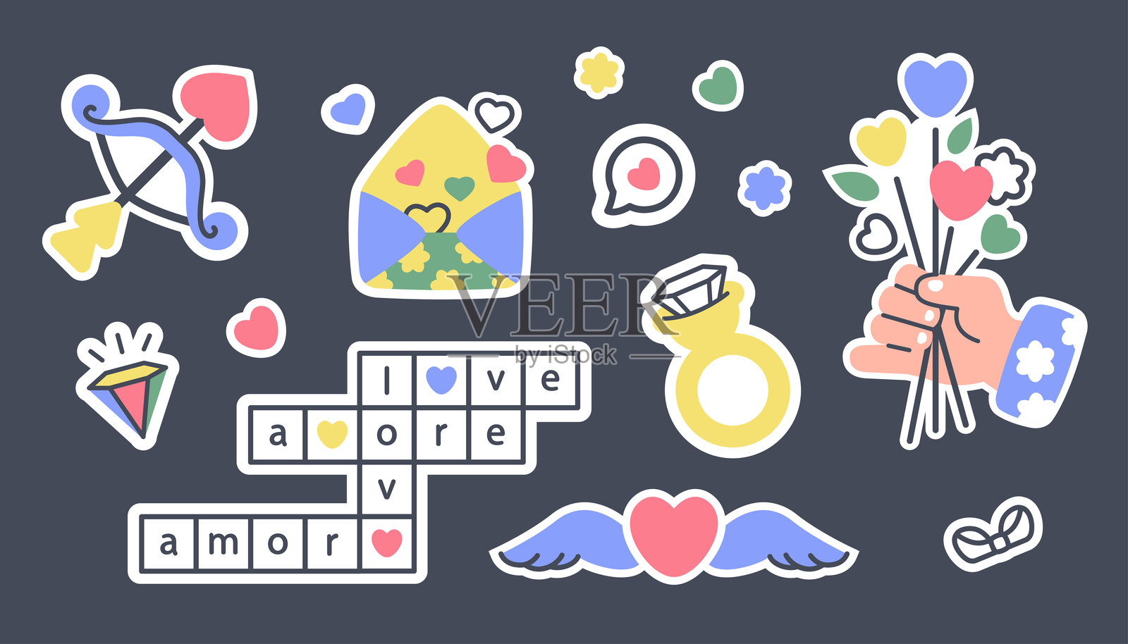 现代爱情贴纸套装。情人节标签。手绘涂鸦情人节元素。人手持花。浪漫信息，填字游戏，戒指，丘比特之箭，心形图案。矢量插图。插画图片素材