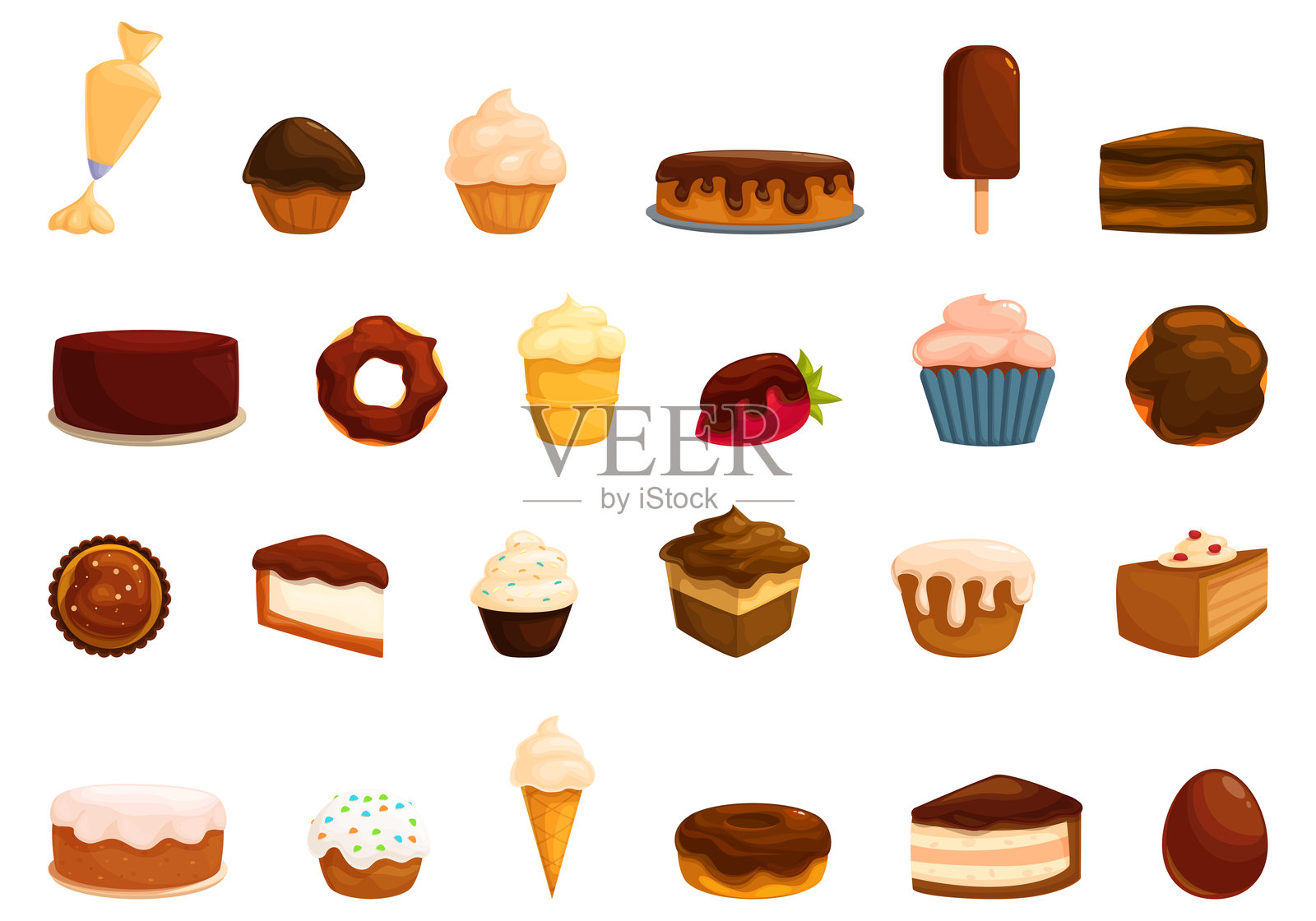 卡通风格的糖霜装饰图标集。奶油蛋糕甜甜圈插画图片素材