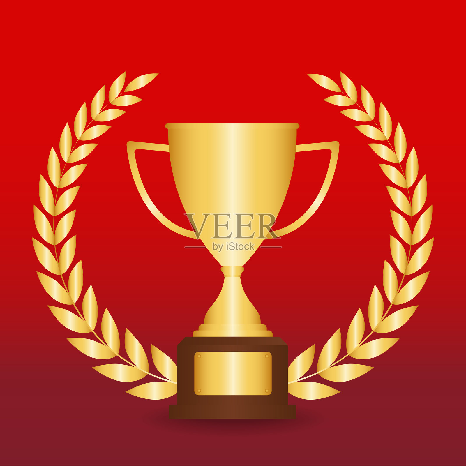 红色背景上的金色奖杯。冠军与胜利的概念。插画图片素材