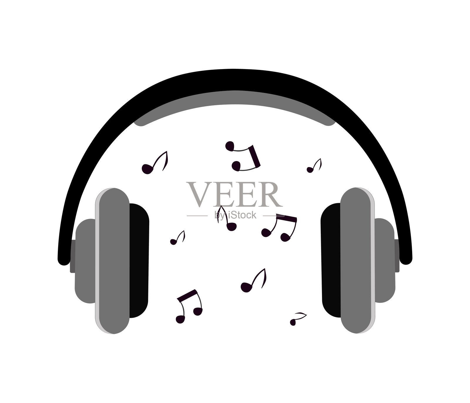 耳机，带有正在播放歌曲的耳机，手绘插图。音乐音符从耳机中飞出，黑白插图，音乐聆听概念。插画图片素材