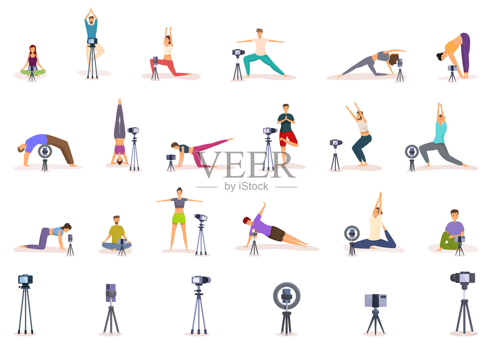 瑜伽博主图标集卡通矢量。在线健身教练插画图片素材