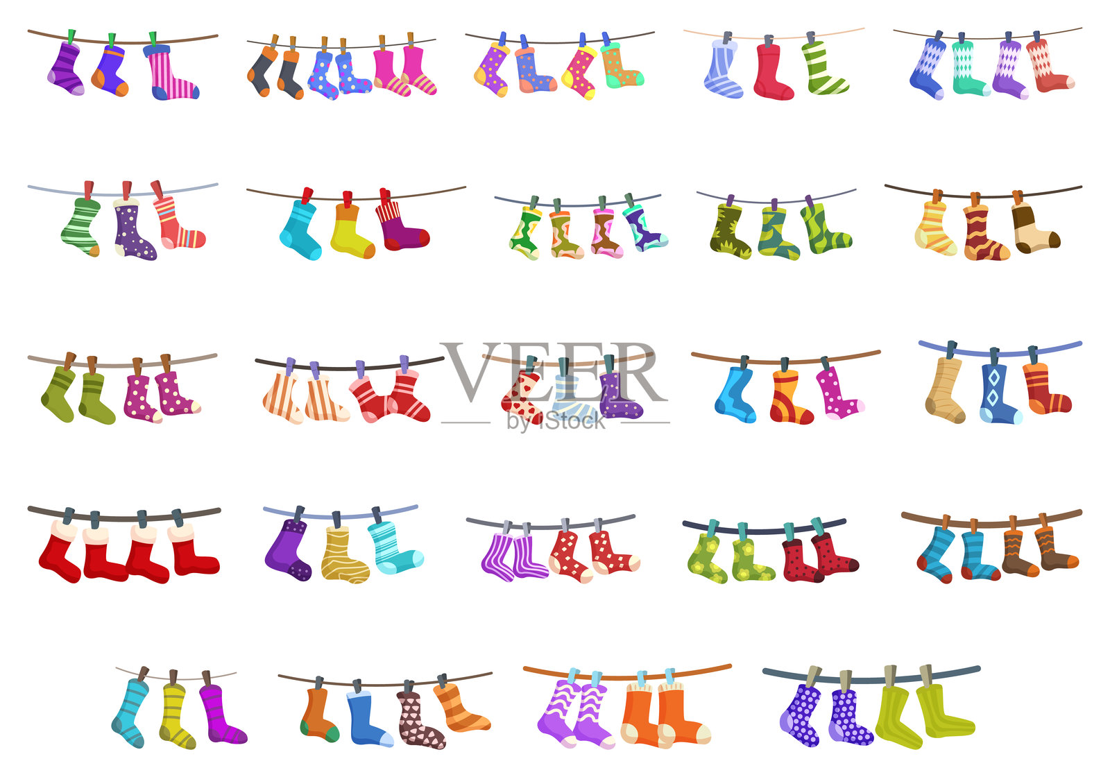 衣架袜子图标集卡通矢量图。晾晒中插画图片素材