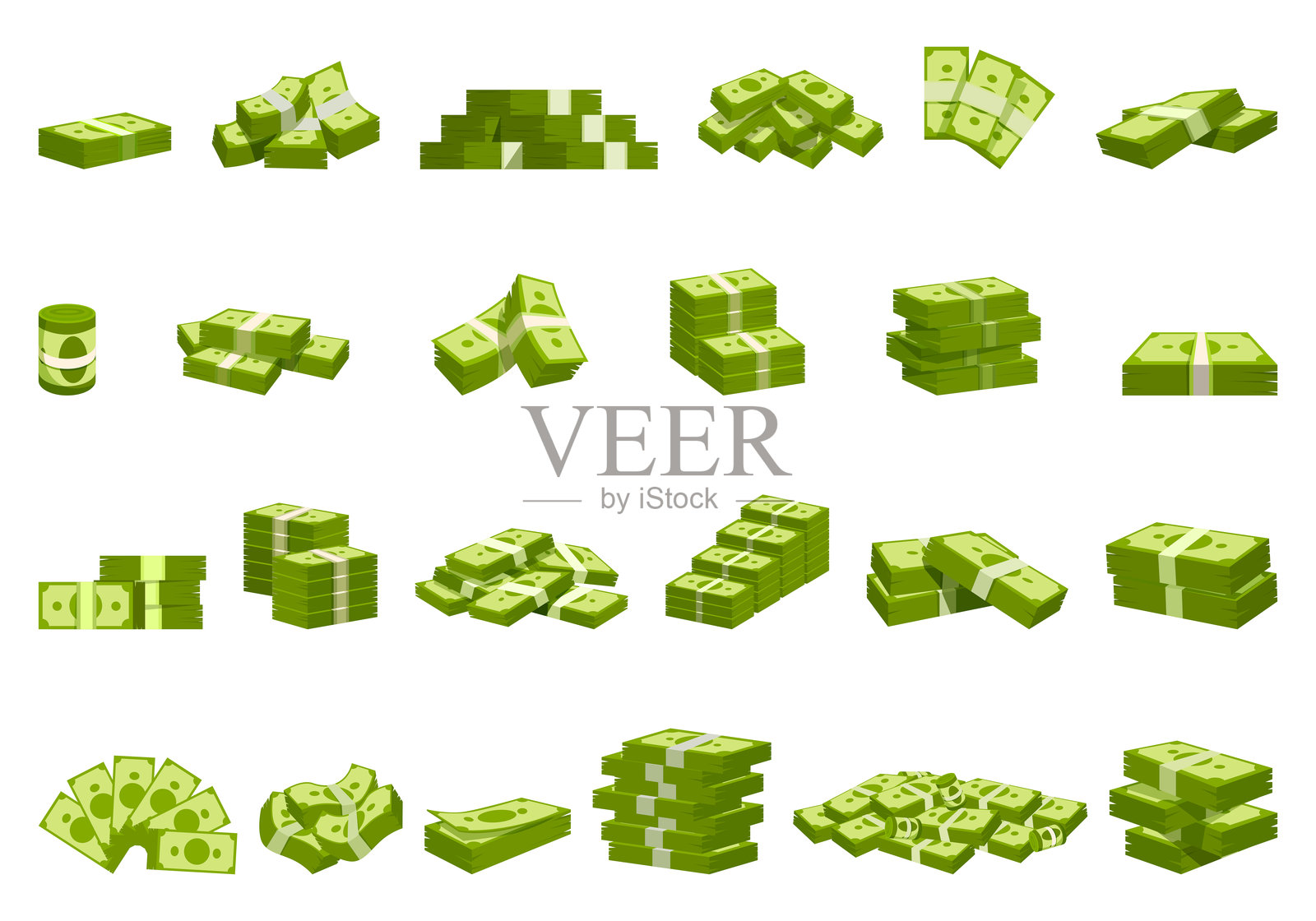 卡通风格的金钱捆绑图标集。美元堆叠插画图片素材