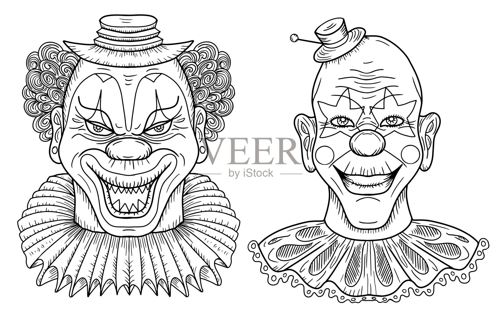 手绘线条艺术设计集，包含面部涂装可怕且服装搞笑的疯狂小丑插画图片素材