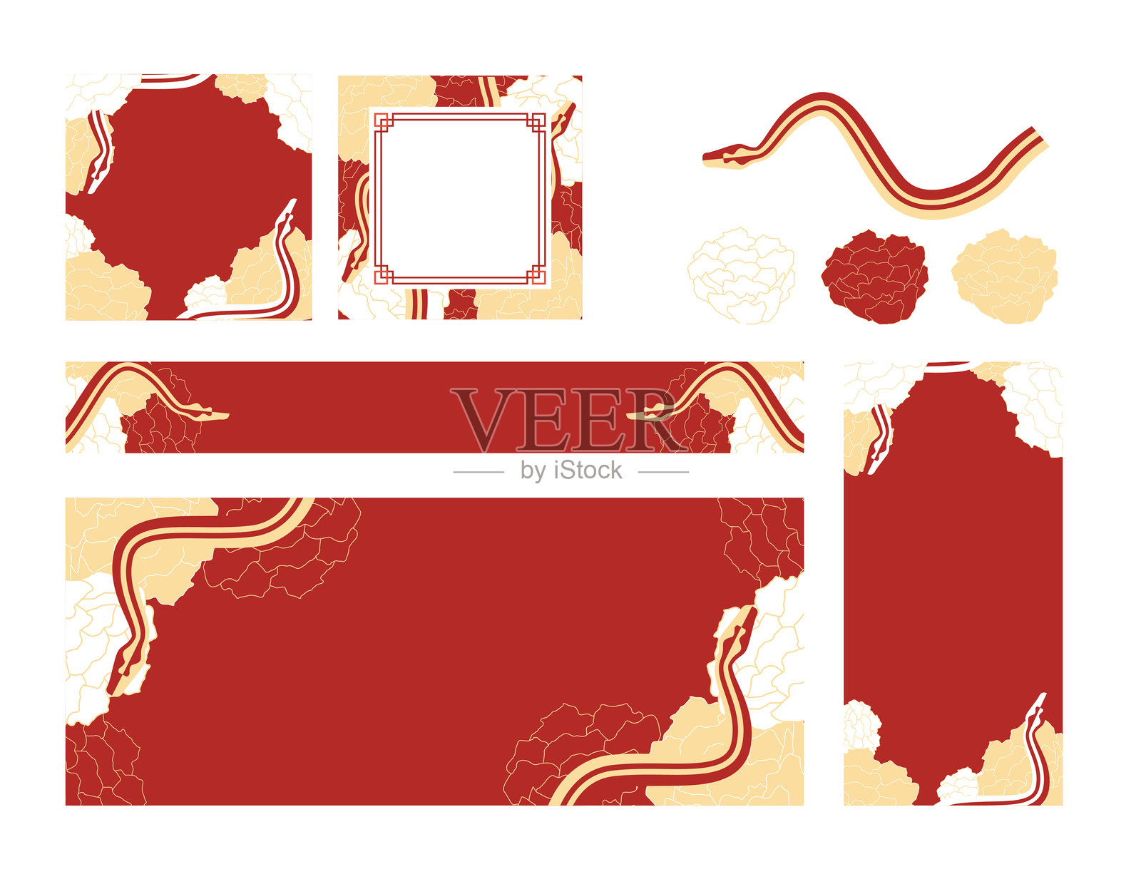 2025年春节网络社交媒体模板，包含各种尺寸的蛇元素，4个红色设计插画图片素材