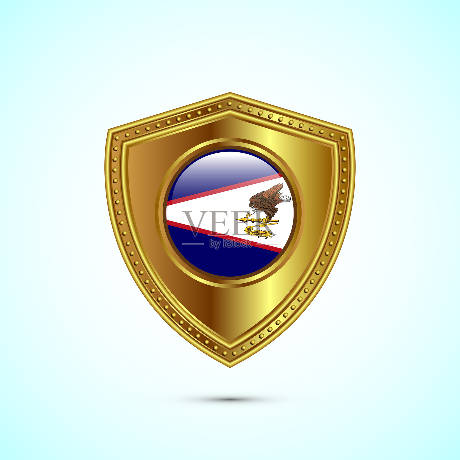 带有光泽金色盾牌的美属萨摩亚圆形国旗插画图片素材