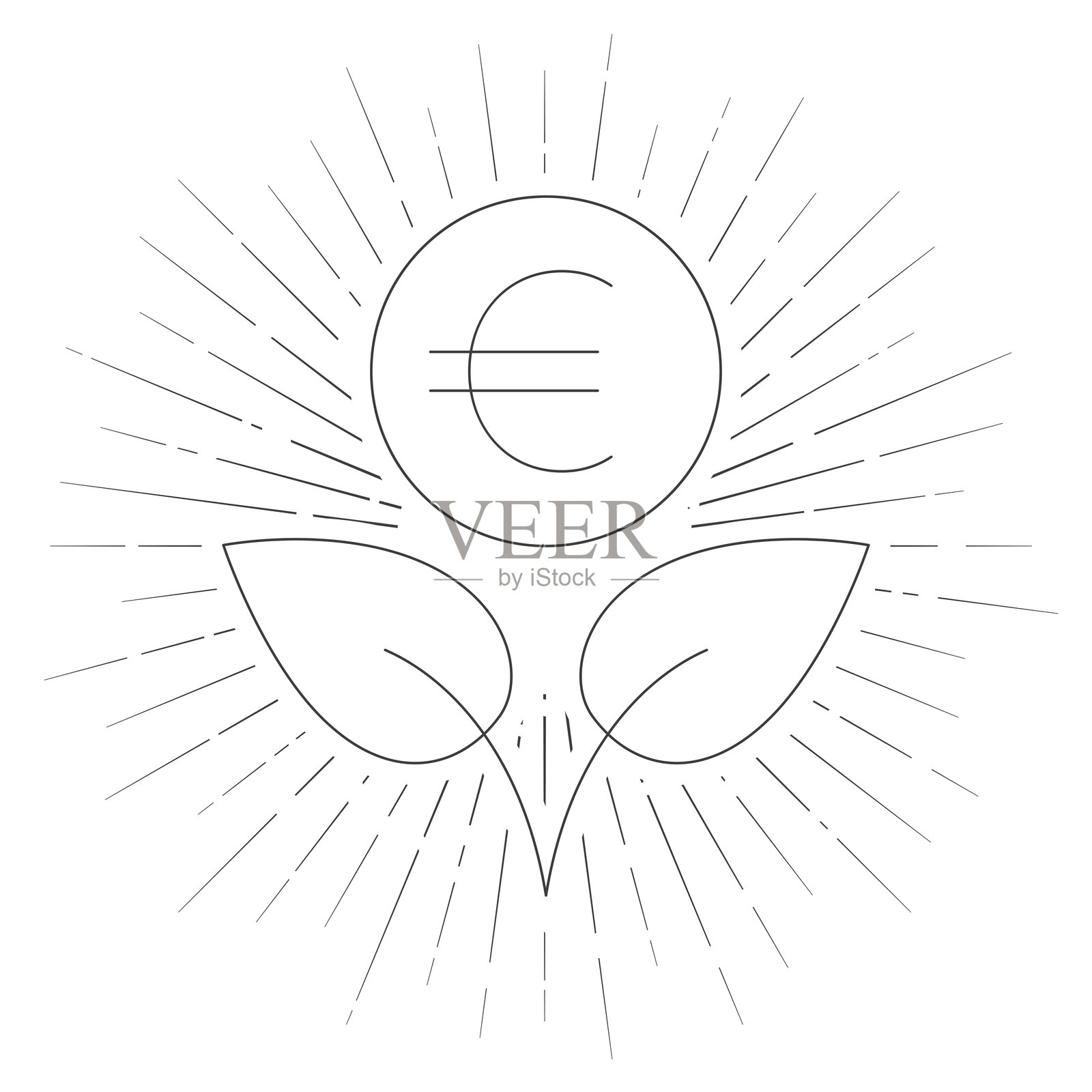 增长的欧元。白色背景上的线条图标与阳光辐射。插画图片素材